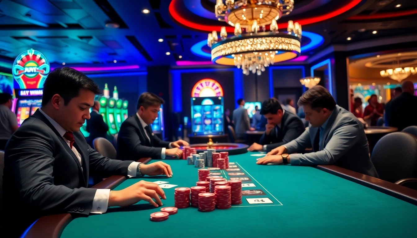 Experience the thrill of Jun88 casino with professional poker players engaging in high-stakes action.