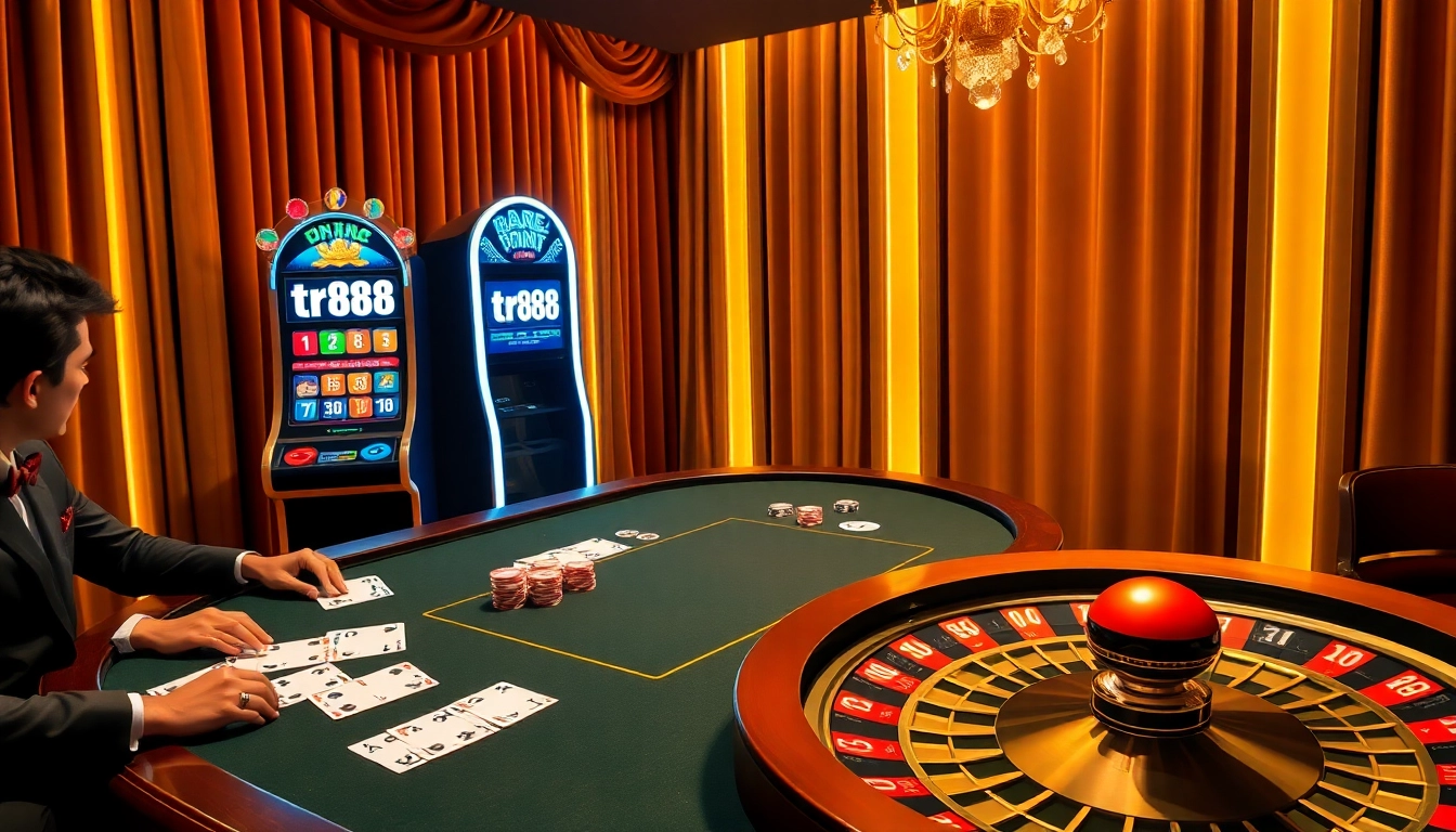 Players winning big at a luxurious casino table featuring tr88 slot machine and poker chips.