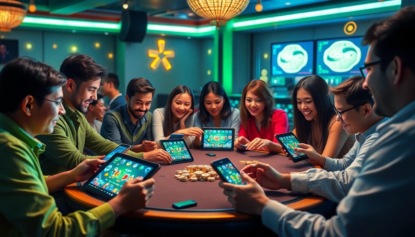Engaging online card game scene showcasing players at topgamebaidoithuong.mx with vibrant colors and digital interfaces.