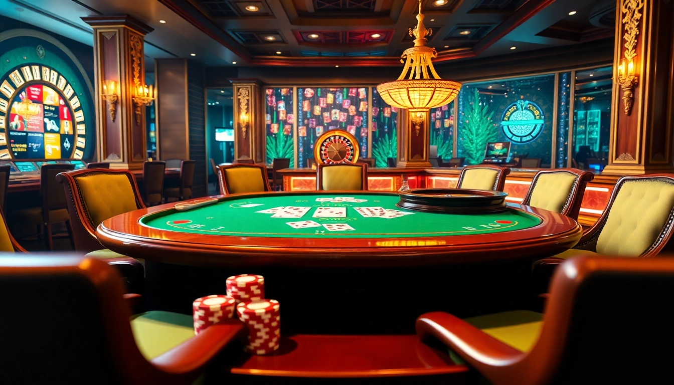 Experience high-stakes action at kp88.bio, featuring poker chips and a luxurious casino scene.