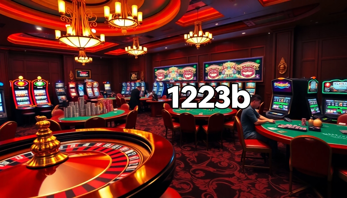Players engaging in thrilling casino activities at 123b with poker tables and slot machines.