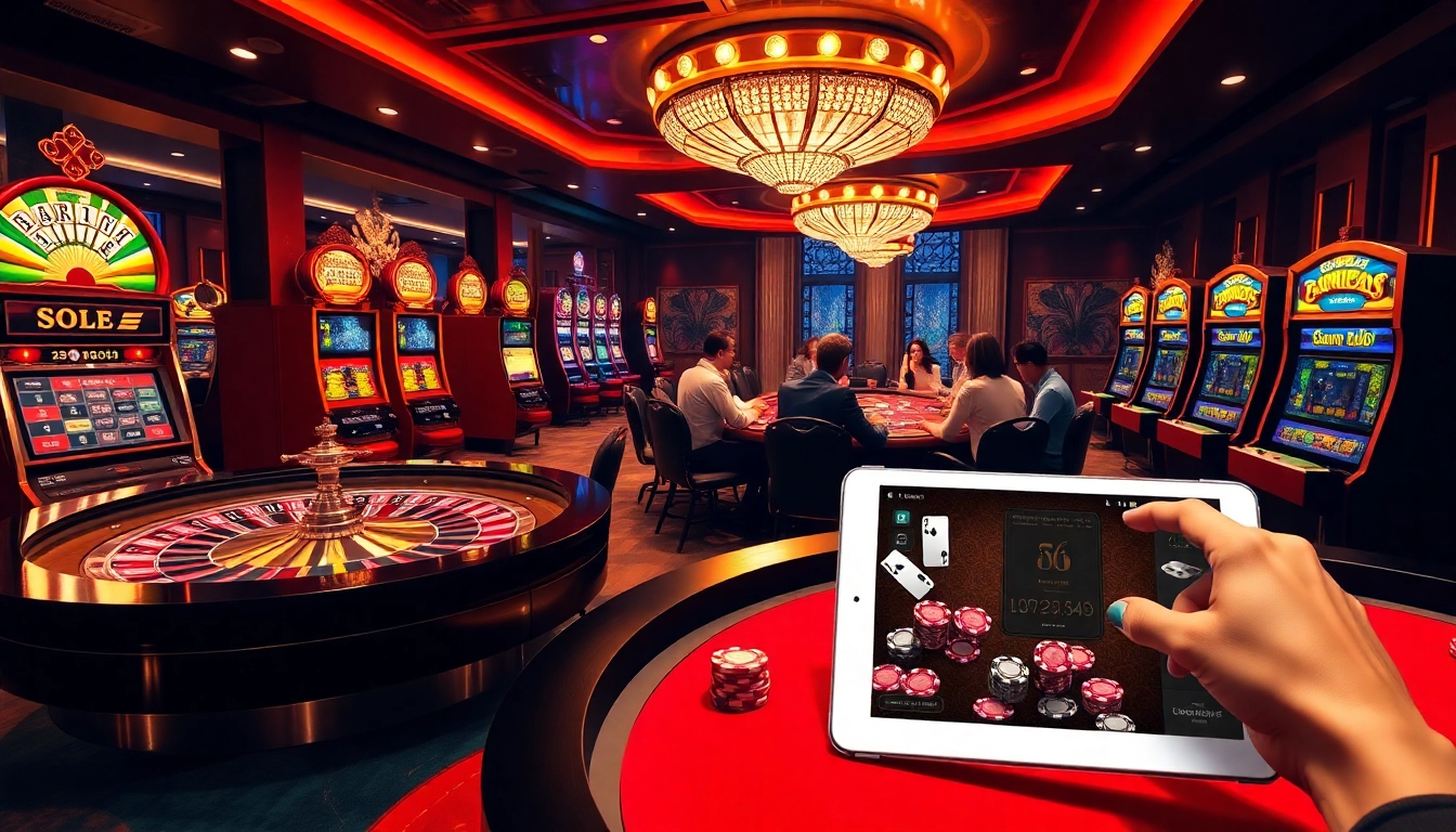 Action-packed casino scene featuring players at https://lode88.auction/ with roulette, poker, and vibrant slot machines.