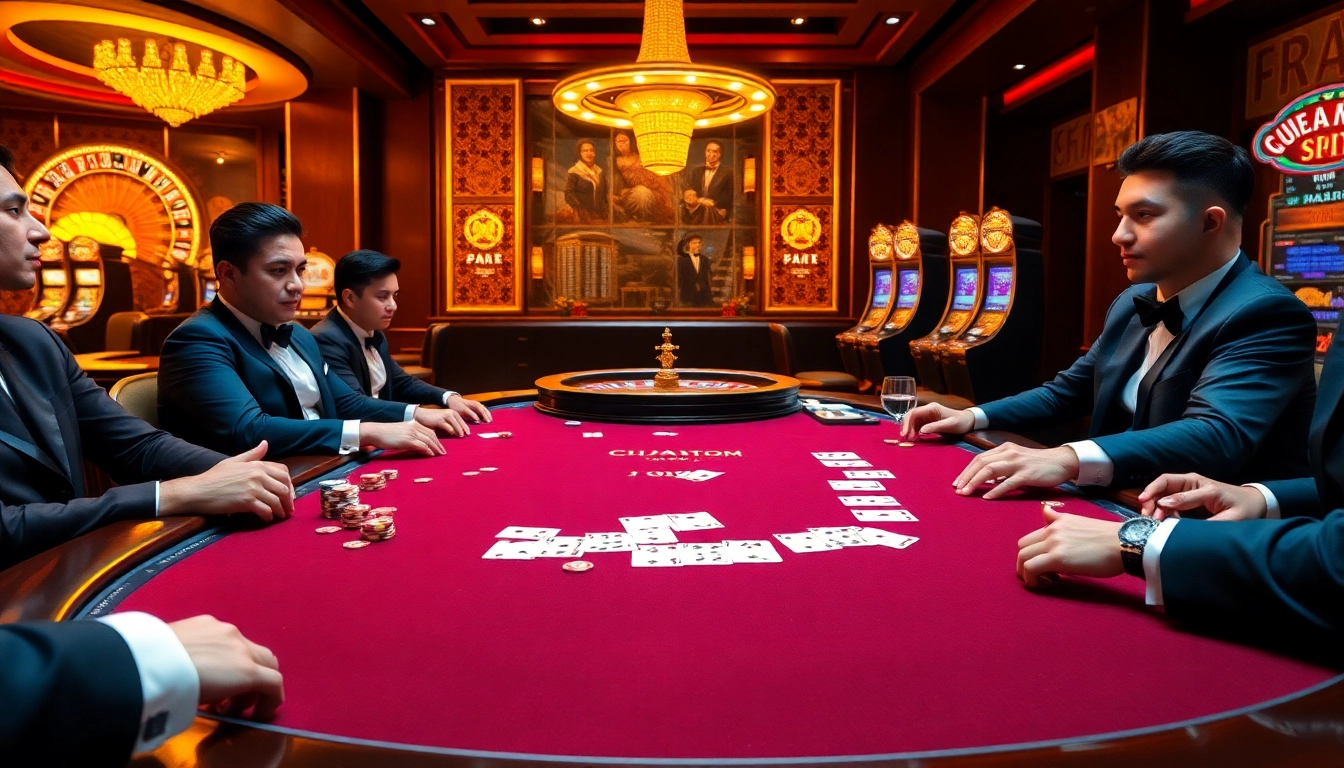 A thrilling poker game at a luxurious casino table with chips and cards showcasing https://s666hn.com/ betting excitement.