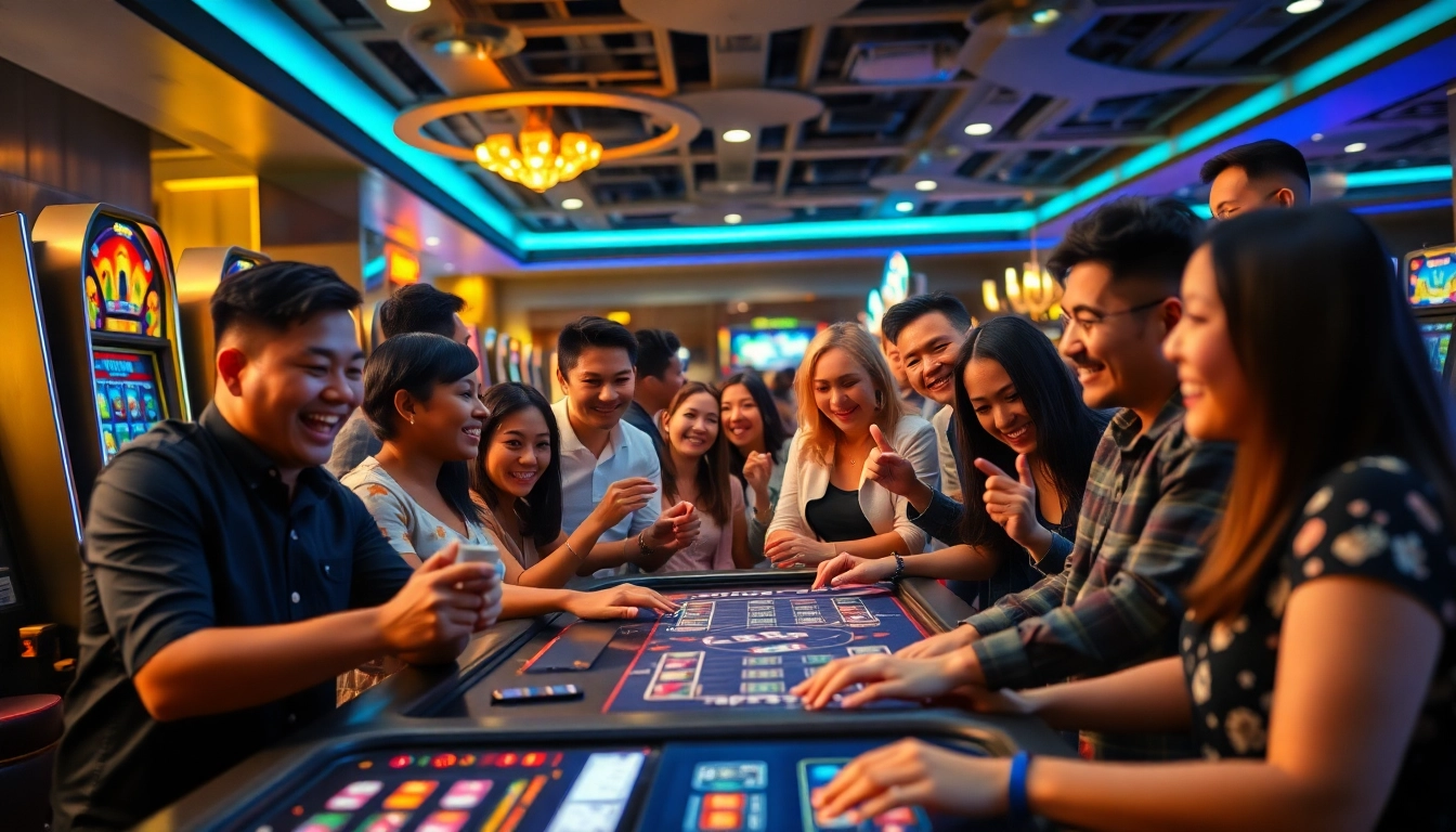 Exciting casino gaming scene at ev88win.live with diverse players, vibrant atmosphere, and gaming elements.