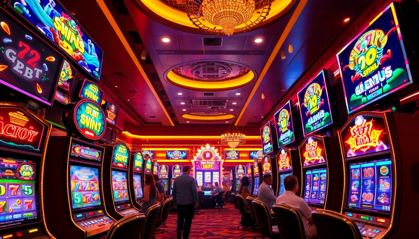 Players enjoying thrilling slot games in a vibrant casino atmosphere, showcasing exciting slot machines.