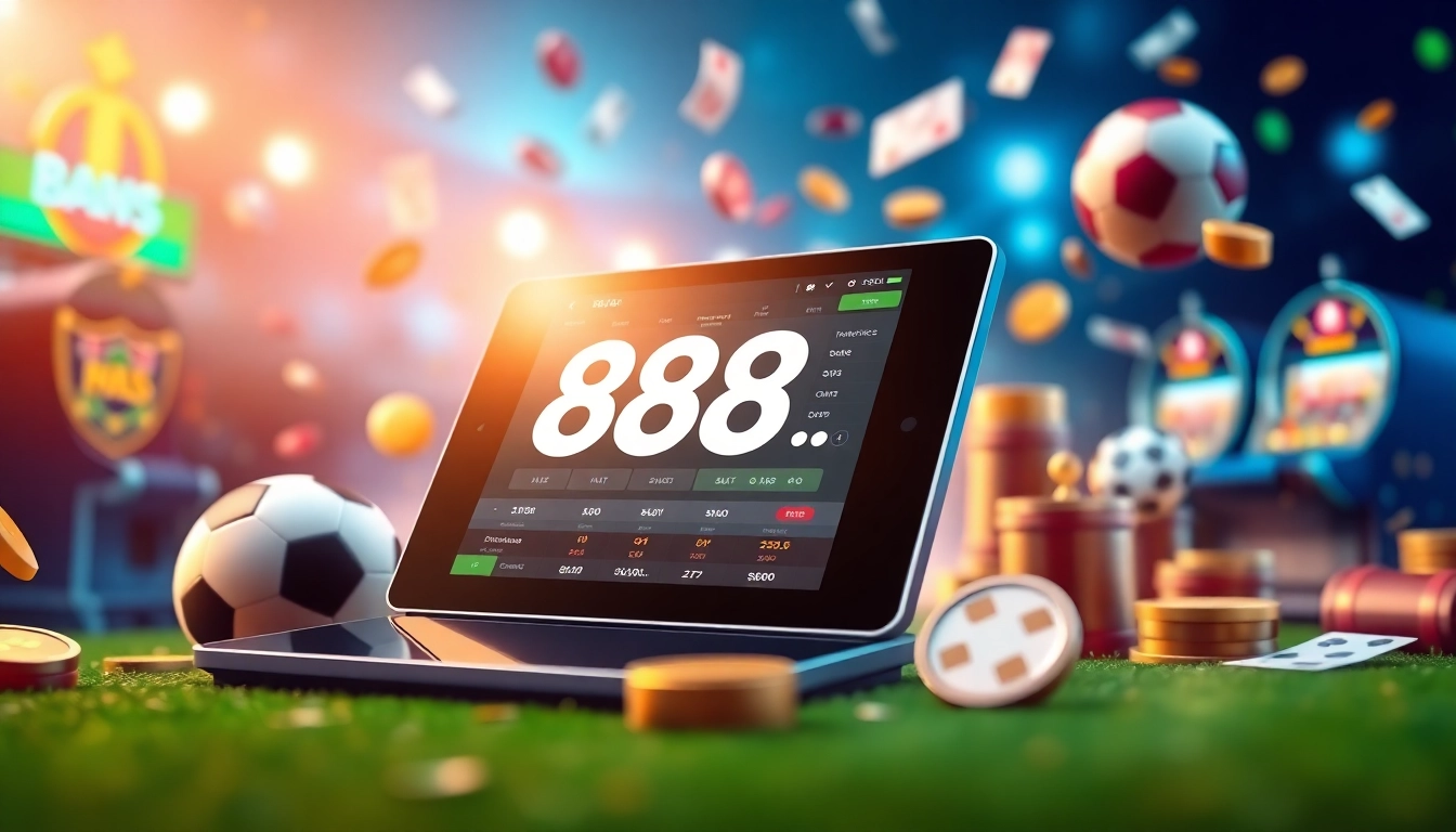 Engaging betting interface depicting 888b.bet with vibrant elements of sports and casino gaming.