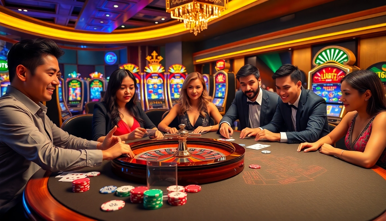 The vibrant gaming scene at rikvip.gb.net featuring players at a luxurious casino table with cards and chips in action.