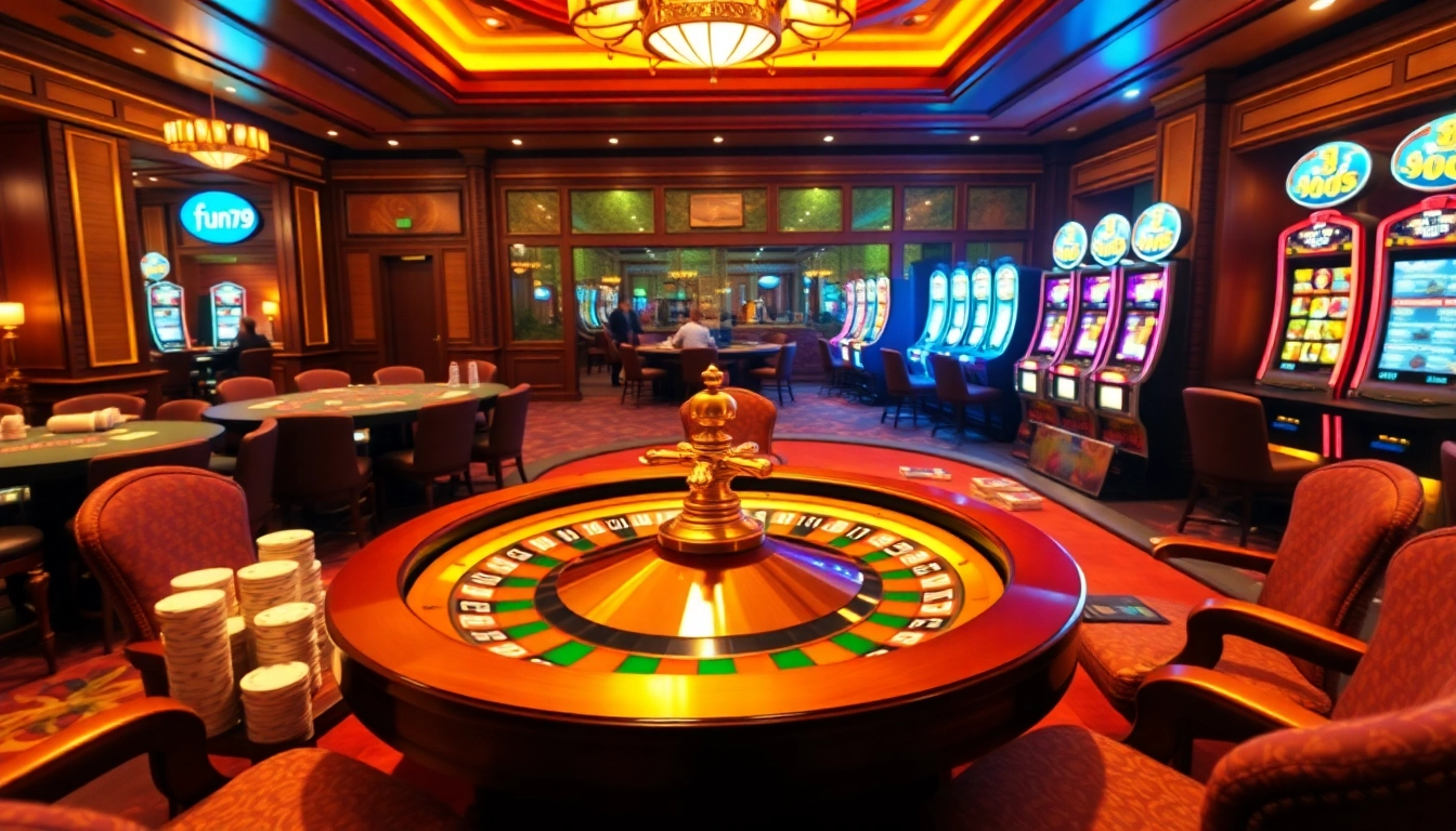 Fun79 captures the excitement of high-stakes gambling at a luxurious casino atmosphere.